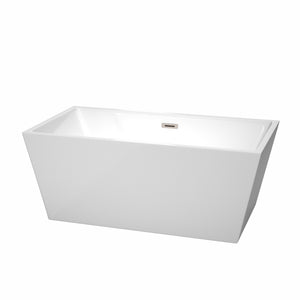Sara 59 Inch Freestanding Bathtub in White with Brushed Nickel Drain and Overflow Trim