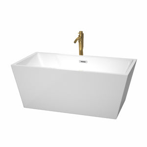 Sara 59 Inch Freestanding Bathtub in White with Polished Chrome Trim and Floor Mounted Faucet in Brushed Gold