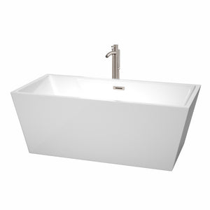Sara 63 Inch Freestanding Bathtub in White with Floor Mounted Faucet Drain and Overflow Trim in Brushed Nickel