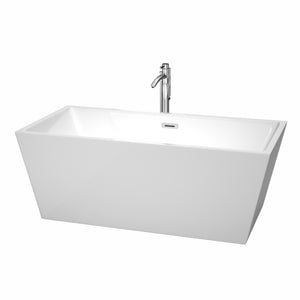 Sara 63 Inch Freestanding Bathtub in White with Floor Mounted Faucet Drain and Overflow Trim in Polished Chrome