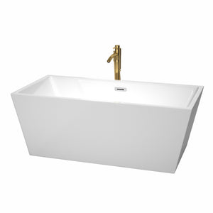 Sara 63 Inch Freestanding Bathtub in White with Polished Chrome Trim and Floor Mounted Faucet in Brushed Gold