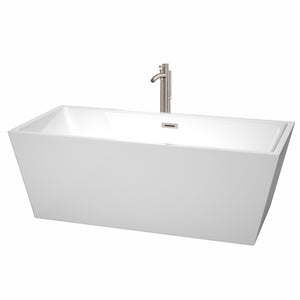 Sara 67 Inch Freestanding Bathtub in White with Floor Mounted Faucet Drain and Overflow Trim in Brushed Nickel