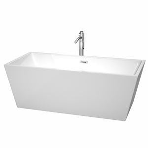Sara 67 Inch Freestanding Bathtub in White with Floor Mounted Faucet Drain and Overflow Trim in Polished Chrome