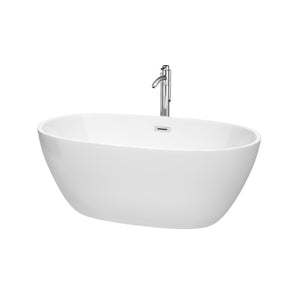 Juno 59 Inch Freestanding Bathtub in White with Floor Mounted Faucet Drain and Overflow Trim in Polished Chrome