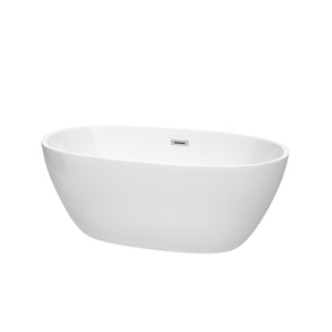 Juno 59 Inch Freestanding Bathtub in White with Brushed Nickel Drain and Overflow Trim