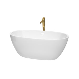 Juno 59 Inch Freestanding Bathtub in White with Shiny White Trim and Floor Mounted Faucet in Brushed Gold