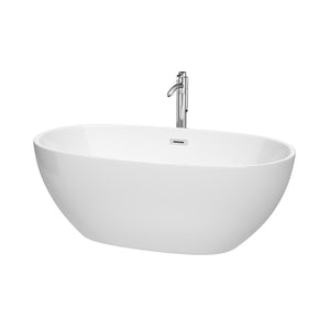 Juno 63 Inch Freestanding Bathtub in White with Floor Mounted Faucet Drain and Overflow Trim in Polished Chrome