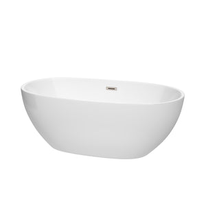 Juno 63 Inch Freestanding Bathtub in White with Brushed Nickel Drain and Overflow Trim