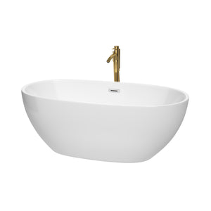 Juno 63 Inch Freestanding Bathtub in White with Polished Chrome Trim and Floor Mounted Faucet in Brushed Gold
