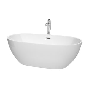 Juno 67 Inch Freestanding Bathtub in White with Floor Mounted Faucet Drain and Overflow Trim in Polished Chrome