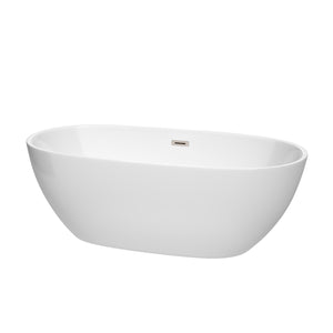 Juno 67 Inch Freestanding Bathtub in White with Brushed Nickel Drain and Overflow Trim