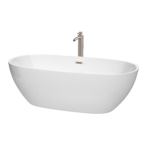 Juno 71 Inch Freestanding Bathtub in White with Floor Mounted Faucet Drain and Overflow Trim in Brushed Nickel