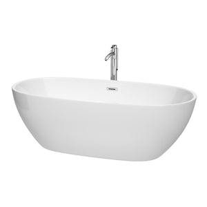 Juno 71 Inch Freestanding Bathtub in White with Floor Mounted Faucet Drain and Overflow Trim in Polished Chrome