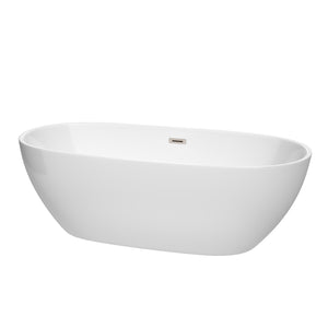 Juno 71 Inch Freestanding Bathtub in White with Brushed Nickel Drain and Overflow Trim