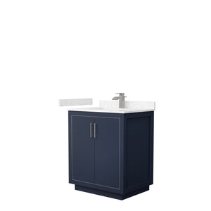 Icon 30 Inch Single Bathroom Vanity in Dark Blue Carrara Cultured Marble Countertop Undermount Square Sink Brushed Nickel Trim
