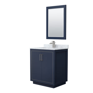 Icon 30 Inch Single Bathroom Vanity in Dark Blue White Carrara Marble Countertop Undermount Square Sink Brushed Nickel Trim 24 Inch Mirror