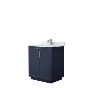 Icon 30 Inch Single Bathroom Vanity in Dark Blue White Carrara Marble Countertop Undermount Square Sink Brushed Nickel Trim
