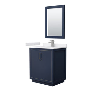 Icon 30 Inch Single Bathroom Vanity in Dark Blue White Cultured Marble Countertop Undermount Square Sink Brushed Nickel Trim 24 Inch Mirror