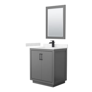 Icon 30 Inch Single Bathroom Vanity in Dark Gray Carrara Cultured Marble Countertop Undermount Square Sink Matte Black Trim 24 Inch Mirror