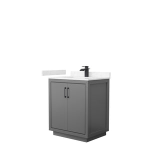 Icon 30 Inch Single Bathroom Vanity in Dark Gray Carrara Cultured Marble Countertop Undermount Square Sink Matte Black Trim