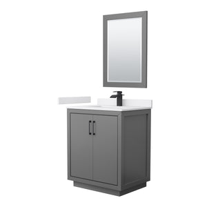 Icon 30 Inch Single Bathroom Vanity in Dark Gray White Cultured Marble Countertop Undermount Square Sink Matte Black Trim 24 Inch Mirror