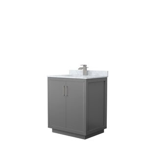 Icon 30 Inch Single Bathroom Vanity in Dark Gray White Carrara Marble Countertop Undermount Square Sink Brushed Nickel Trim