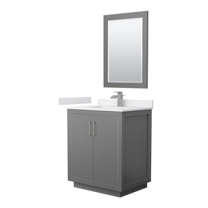 Icon 30 Inch Single Bathroom Vanity in Dark Gray White Cultured Marble Countertop Undermount Square Sink Brushed Nickel Trim 24 Inch Mirror