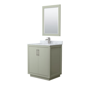 Icon 30 Inch Single Bathroom Vanity in Light Green White Carrara Marble Countertop Undermount Square Sink Brushed Nickel Trim 24 Inch Mirror