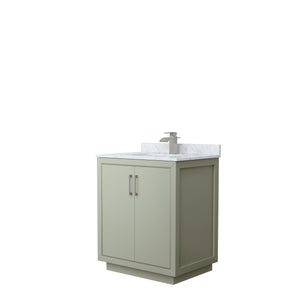 Icon 30 Inch Single Bathroom Vanity in Light Green White Carrara Marble Countertop Undermount Square Sink Brushed Nickel Trim