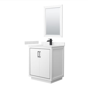 Icon 30 Inch Single Bathroom Vanity in White Carrara Cultured Marble Countertop Undermount Square Sink Matte Black Trim 24 Inch Mirror