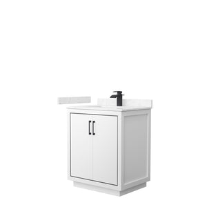Icon 30 Inch Single Bathroom Vanity in White Carrara Cultured Marble Countertop Undermount Square Sink Matte Black Trim