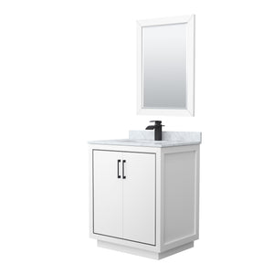 Icon 30 Inch Single Bathroom Vanity in White White Carrara Marble Countertop Undermount Square Sink Matte Black Trim 24 Inch Mirror