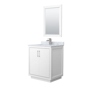 Icon 30 Inch Single Bathroom Vanity in White White Carrara Marble Countertop Undermount Square Sink Brushed Nickel Trim 24 Inch Mirror
