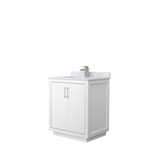 Icon 30 Inch Single Bathroom Vanity in White White Carrara Marble Countertop Undermount Square Sink Brushed Nickel Trim