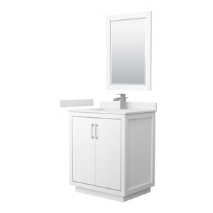 Icon 30 Inch Single Bathroom Vanity in White White Cultured Marble Countertop Undermount Square Sink Brushed Nickel Trim 24 Inch Mirror