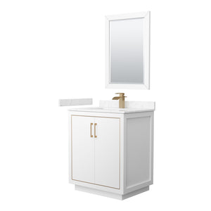 Icon 30 Inch Single Bathroom Vanity in White Carrara Cultured Marble Countertop Undermount Square Sink Satin Bronze Trim 24 Inch Mirror