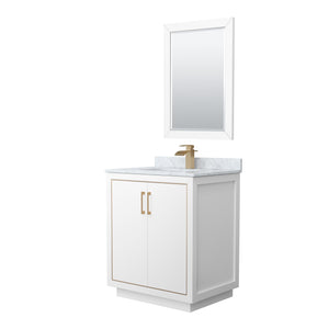 Icon 30 Inch Single Bathroom Vanity in White White Carrara Marble Countertop Undermount Square Sink Satin Bronze Trim 24 Inch Mirror