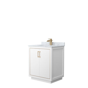 Icon 30 Inch Single Bathroom Vanity in White White Carrara Marble Countertop Undermount Square Sink Satin Bronze Trim