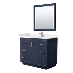 Icon 42 Inch Single Bathroom Vanity in Dark Blue White Cultured Marble Countertop Undermount Square Sink Brushed Nickel Trim 34 Inch Mirror