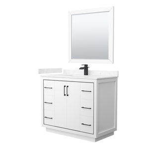 Icon 42 Inch Single Bathroom Vanity in White Carrara Cultured Marble Countertop Undermount Square Sink Matte Black Trim 34 Inch Mirror