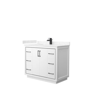 Icon 42 Inch Single Bathroom Vanity in White Carrara Cultured Marble Countertop Undermount Square Sink Matte Black Trim