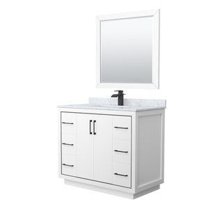 Icon 42 Inch Single Bathroom Vanity in White White Carrara Marble Countertop Undermount Square Sink Matte Black Trim 34 Inch Mirror
