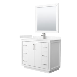 Icon 42 Inch Single Bathroom Vanity in White Carrara Cultured Marble Countertop Undermount Square Sink Brushed Nickel Trim 34 Inch Mirror