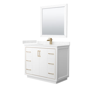 Icon 42 Inch Single Bathroom Vanity in White Carrara Cultured Marble Countertop Undermount Square Sink Satin Bronze Trim 34 Inch Mirror