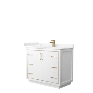 Icon 42 Inch Single Bathroom Vanity in White Carrara Cultured Marble Countertop Undermount Square Sink Satin Bronze Trim