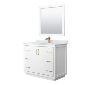 Icon 42 Inch Single Bathroom Vanity in White White Carrara Marble Countertop Undermount Square Sink Satin Bronze Trim 34 Inch Mirror