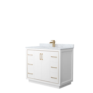 Icon 42 Inch Single Bathroom Vanity in White White Carrara Marble Countertop Undermount Square Sink Satin Bronze Trim