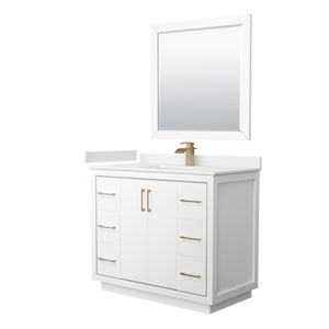 Icon 42 Inch Single Bathroom Vanity in White White Cultured Marble Countertop Undermount Square Sink Satin Bronze Trim 34 Inch Mirror