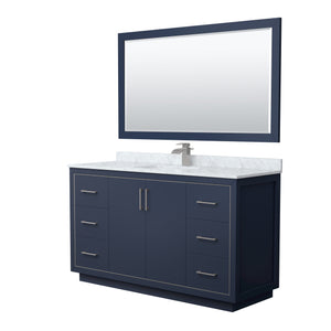 Icon 60 Inch Single Bathroom Vanity in Dark Blue White Carrara Marble Countertop Undermount Square Sink Brushed Nickel Trim 58 Inch Mirror