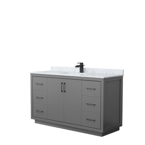 Icon 60 Inch Single Bathroom Vanity in Dark Gray White Carrara Marble Countertop Undermount Square Sink Matte Black Trim